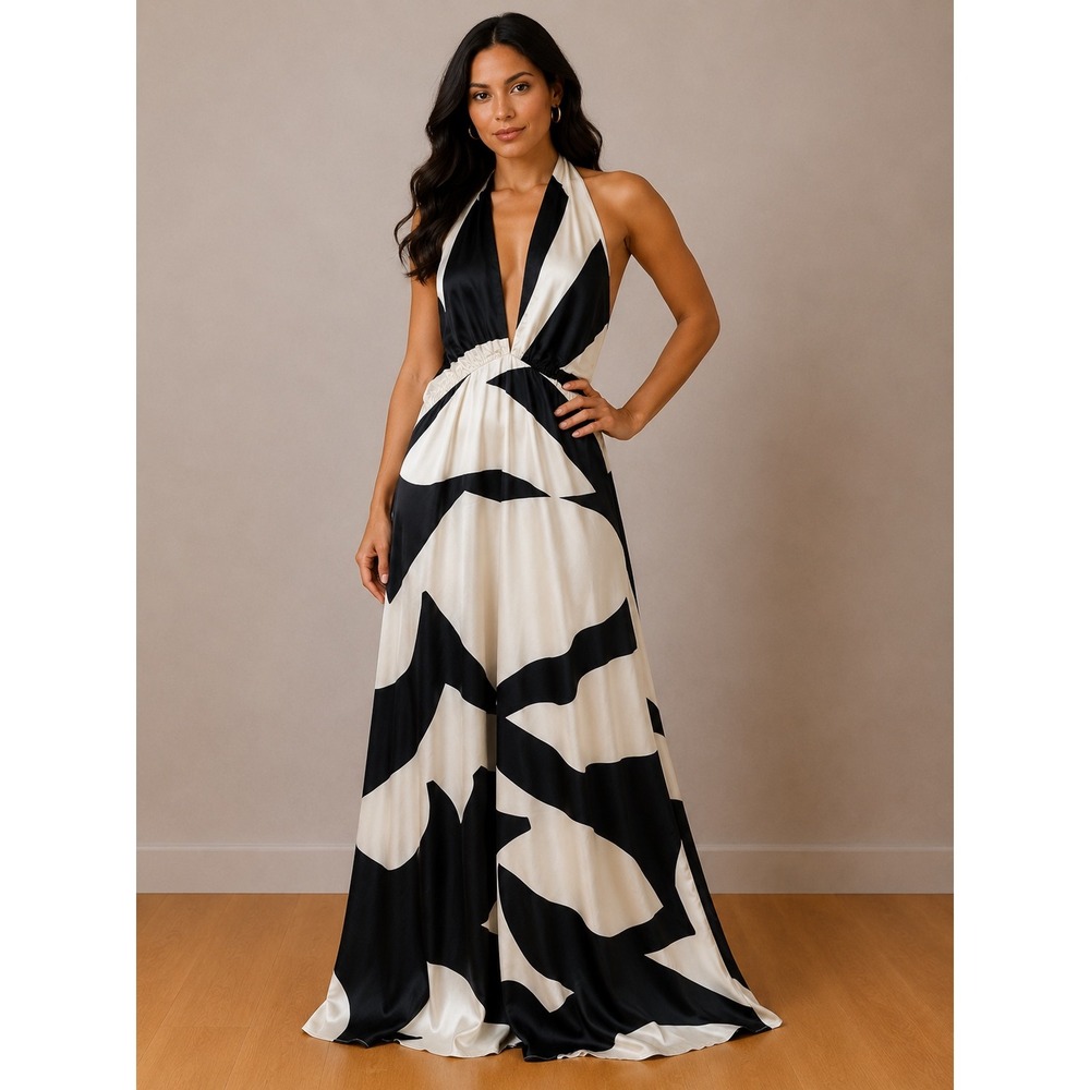 Bardot Black White Abstract Halter Maxi Dress Plunging V-Neck Open Back‎ Size 12